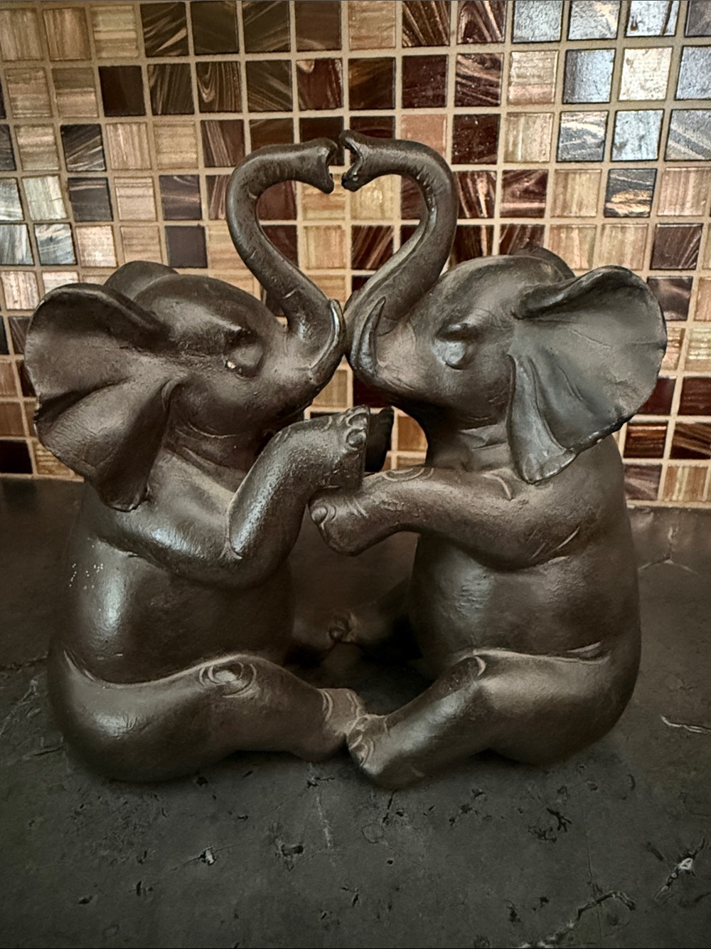 Bronze-Tone Elephant Couple Resin Sculpture